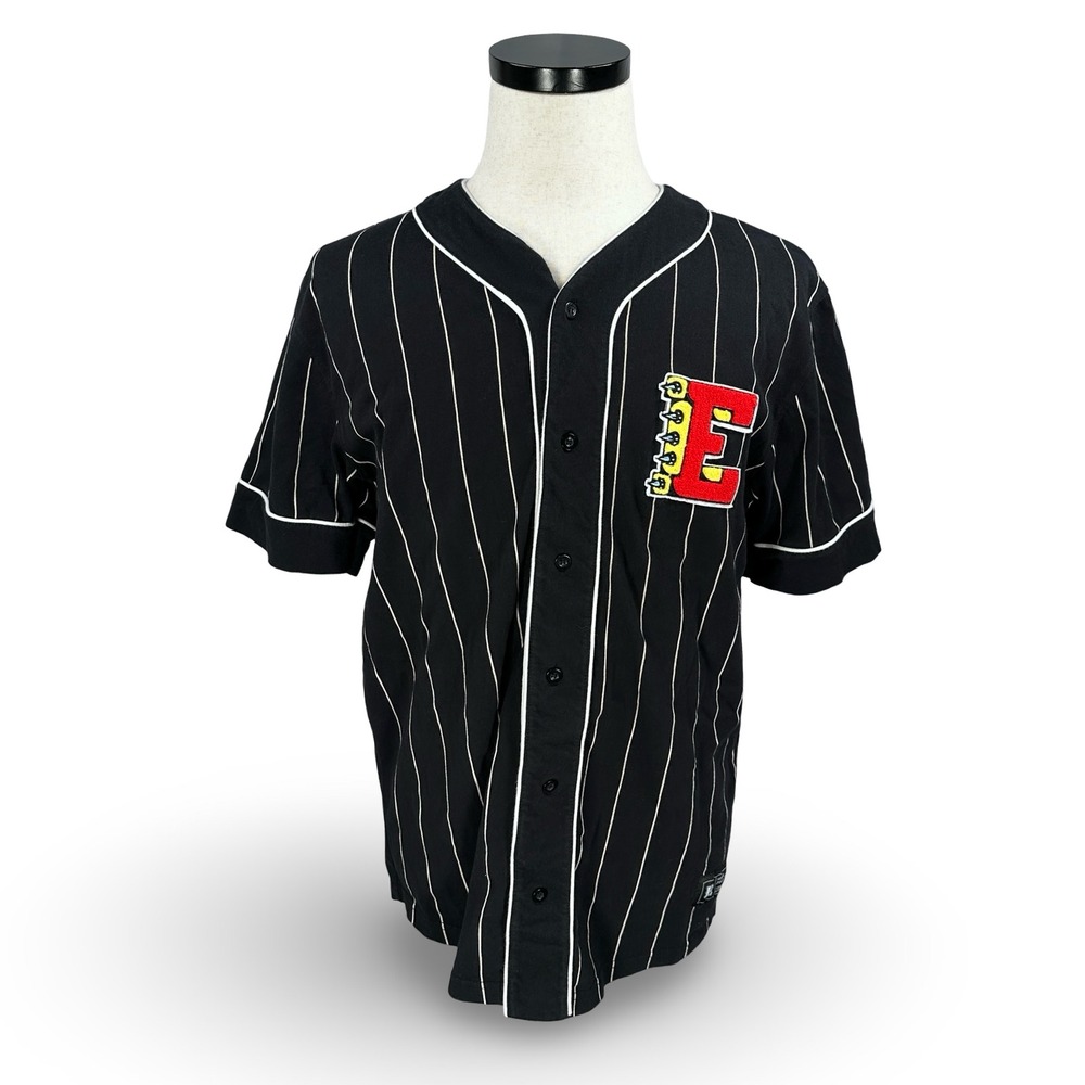 Empyre Y2K Mens Black Pinstripe Baseball Jersey Chenille Patch Button Up Shirt L